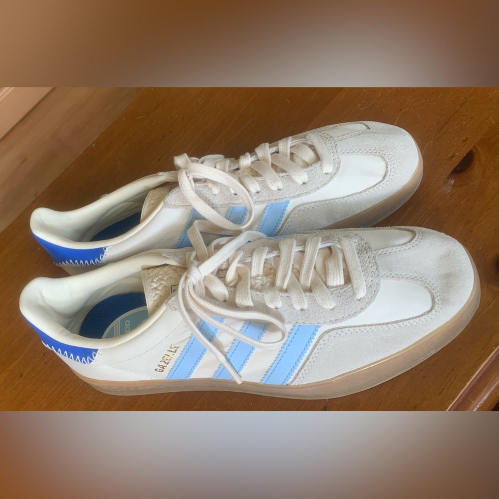 Men’s adidas Gazelle White and Light Blue Athletic Sneakers